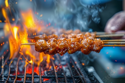 Close-up of meat skewers grilling over hot coals with flames.  The skewers are sizzling and steaming.  The photo is perfect for illustrating the concept of grilling. photo