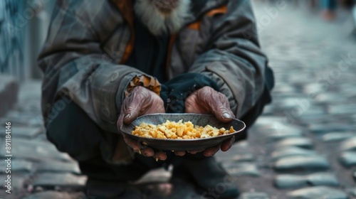 Giving food to beggar men on the street