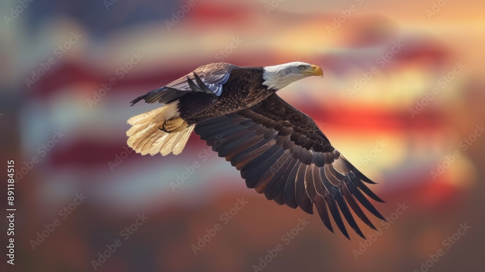 Fototapeta premium Eagle flying with american flag background