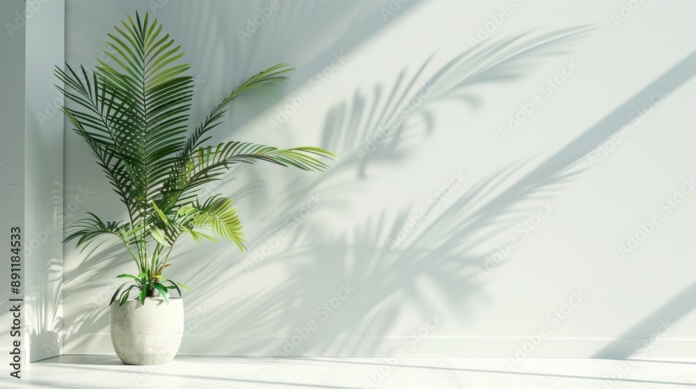 The interior of the room with white wall hanging plants is illuminated by sunlight The interior of the room with white wall hanging plants is illuminated by sunlight