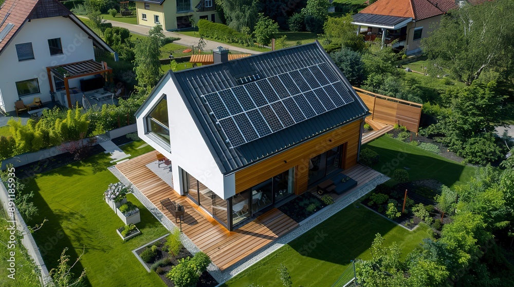 New modern eco friendly passive house with a photovoltaic system on the roof and landscaped yard. Solar panels on the gable roof. New modern eco friendly passive house with a photovoltaic system on the roof and landscaped yard. Solar panels on the gable roof.