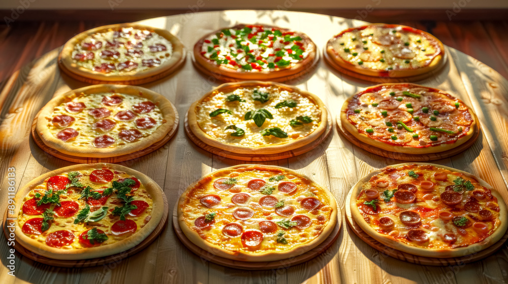 Fototapeta premium Nine delicious pizzas with different toppings resting on wooden table