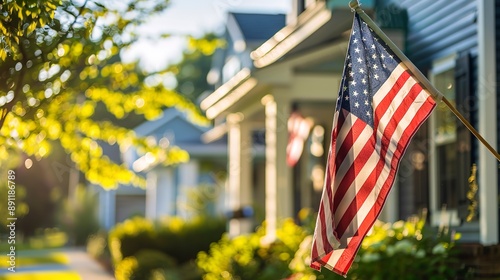 Patriotic american flag on corner of residential house with blurred background on sunny day  photo