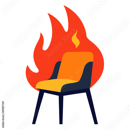 Illustration of burning black and yellow chair engulfed in red flames