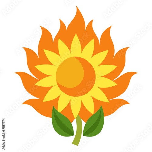 vector illustration of sunflower ablaze, fiery glow, burning