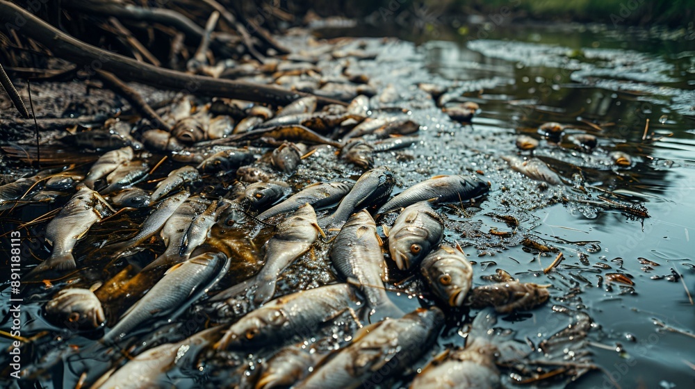 A tragic scene of numerous dead fish lying in a polluted, murky waterway. A tragic scene of numerous dead fish lying in a polluted, murky waterway.