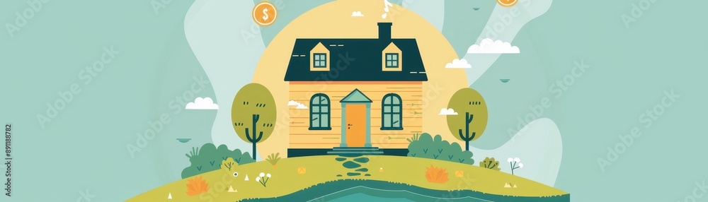 Cheerful illustration of a charming yellow house in a picturesque setting with trees and a pond, exuding warmth and tranquility.