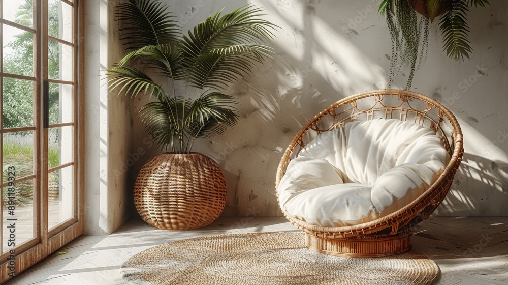 Background featuring a cozy, bohemian bedroom with a modern white wall, wooden furniture, and natural decor elements creates a chic and inviting atmosphere Background featuring a cozy, bohemian bedroom with a modern white wall, wooden furniture, and natural decor elements creates a chic and inviting atmosphere