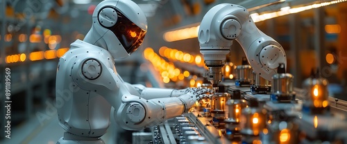 3d rendering humanoid robot working in the factory. Future technology concept
