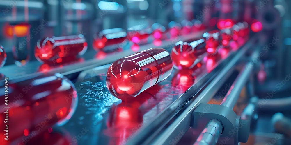 Medical capsules on conveyor belt in pharmacy. 3d rendering Medical capsules on conveyor belt in pharmacy. 3d rendering