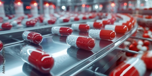 Red and white pills on conveyor belt in pharmaceutical factory. 3D rendering
