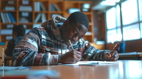 A student writing a poem in an English class, with inspiration and creativity.