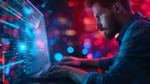 Programmer working late at night, coding on laptop.