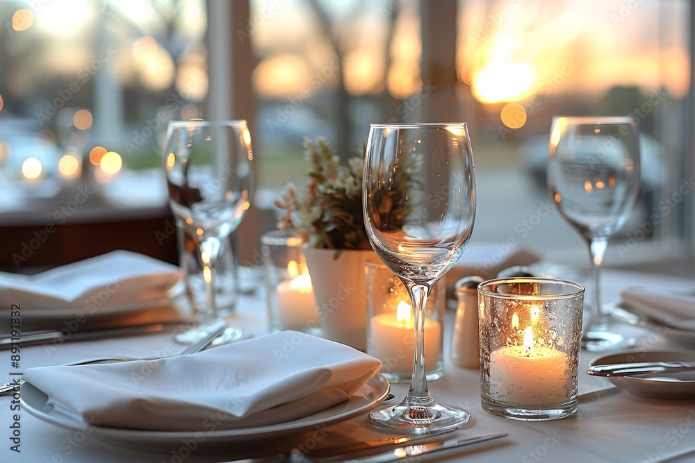 Elegant dining setup at sunset with wine glasses, candle, and soft lighting.