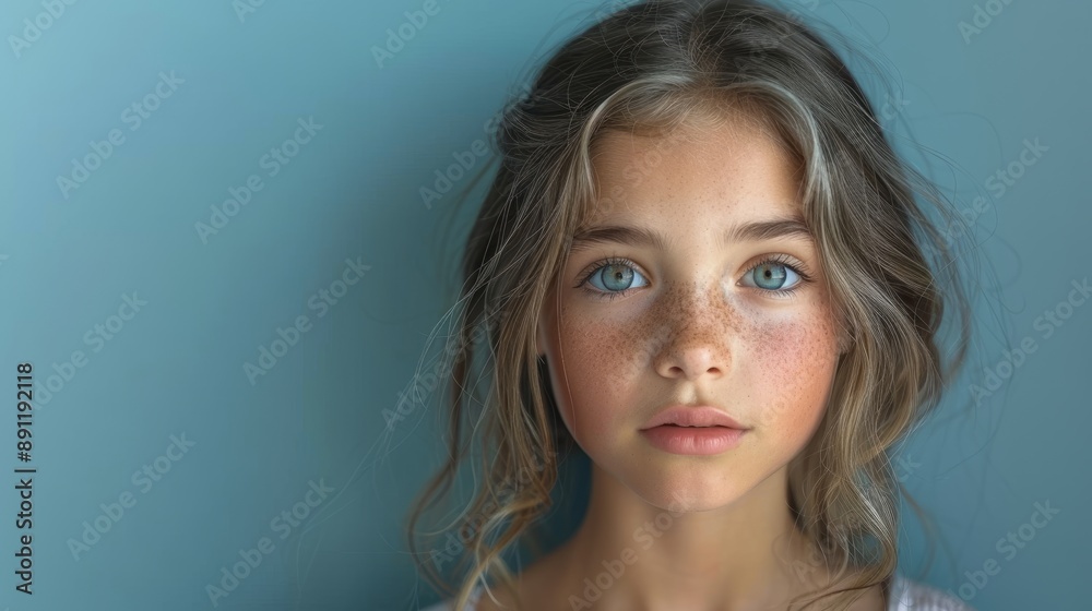 A young girl with long blonde hair and blue eyes poses in front of a blue background. She has freckles and rosy cheeks A young girl with long blonde hair and blue eyes poses in front of a blue background. She has freckles and rosy cheeks
