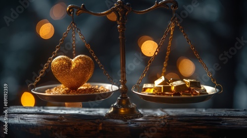 A golden heart and gold bars are balanced on a scale photo