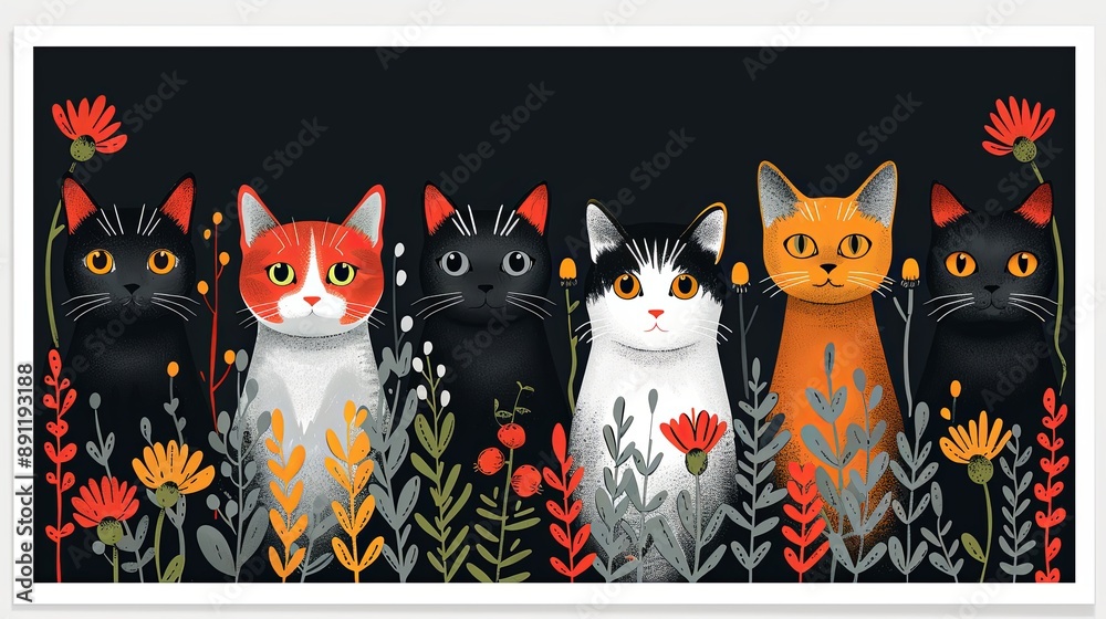 vector, illustration, flat, Cute spring collection of cute cards with cats. Decorative abstract illustrations with colorful doodles. Hand-drawn modern illustrations with cats, flowers, abstract elemen vector, illustration, flat, Cute spring collection of cute cards with cats. Decorative abstract illustrations with colorful doodles. Hand-drawn modern illustrations with cats, flowers, abstract elemen