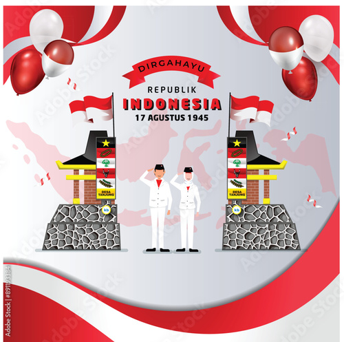 Indonesian Dirgahayu social media template with illustrations of people