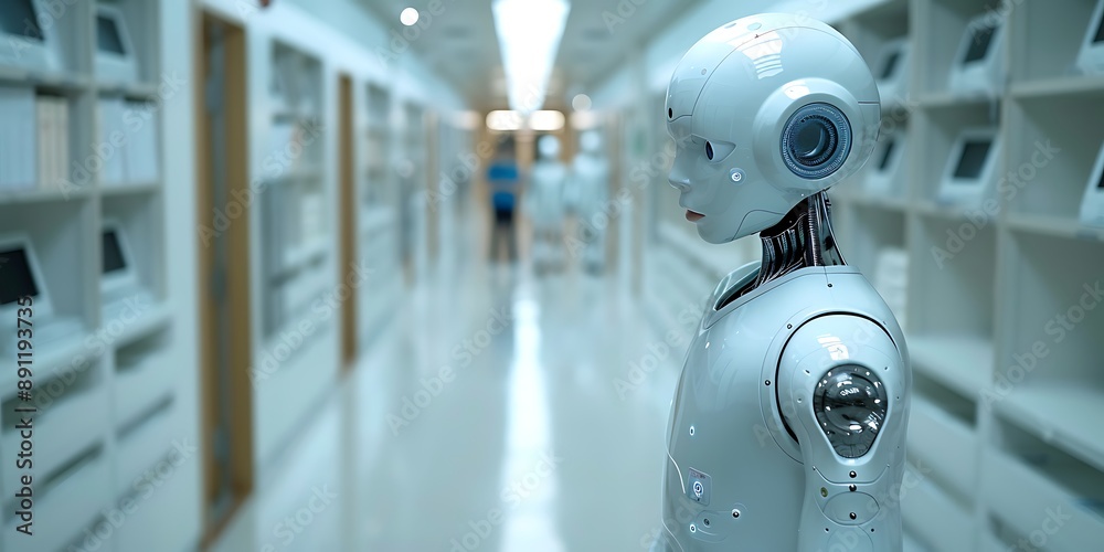 Robot humanoid in a modern office corridor 3d rendering image.