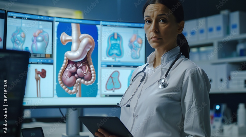 A female doctor promoting health and care using a urinary system mockup A female doctor promoting health and care using a urinary system mockup
