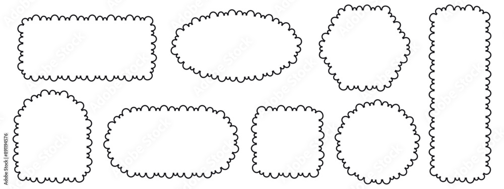Set of rectangular scalloped and wavy frame. Pop vintage groovy border. Vector illustration on white background Set of rectangular scalloped and wavy frame. Pop vintage groovy border. Vector illustration on white background