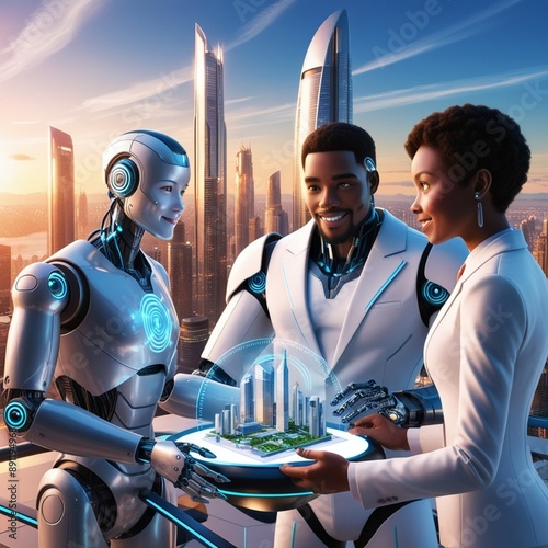 AI and human collaboration. collaboration between a futuristic robot and a diverse human counterpart, set backdrop of a bustling cityscape. An overview of future AI and human collaboration