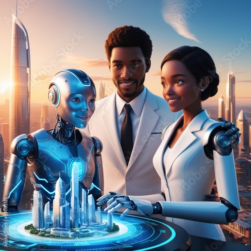 AI and human collaboration. collaboration between a futuristic robot and a diverse human counterpart, set backdrop of a bustling cityscape. An overview of future AI and human collaboration