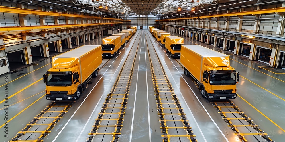 Yellow trucks on the conveyor belt in the warehouse. Industrial background Yellow trucks on the conveyor belt in the warehouse. Industrial background