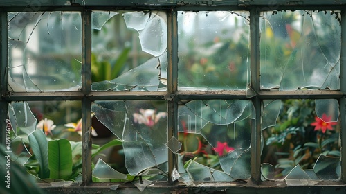 Broken Greenhouse Window: A broken glass pane in a greenhouse, with plants and flowers visible through the cracks.
