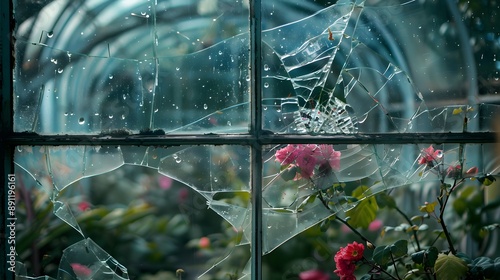 Broken Greenhouse Window: A broken glass pane in a greenhouse, with plants and flowers visible through the cracks.
