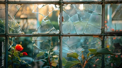 Broken Greenhouse Window: A broken glass pane in a greenhouse, with plants and flowers visible through the cracks.
