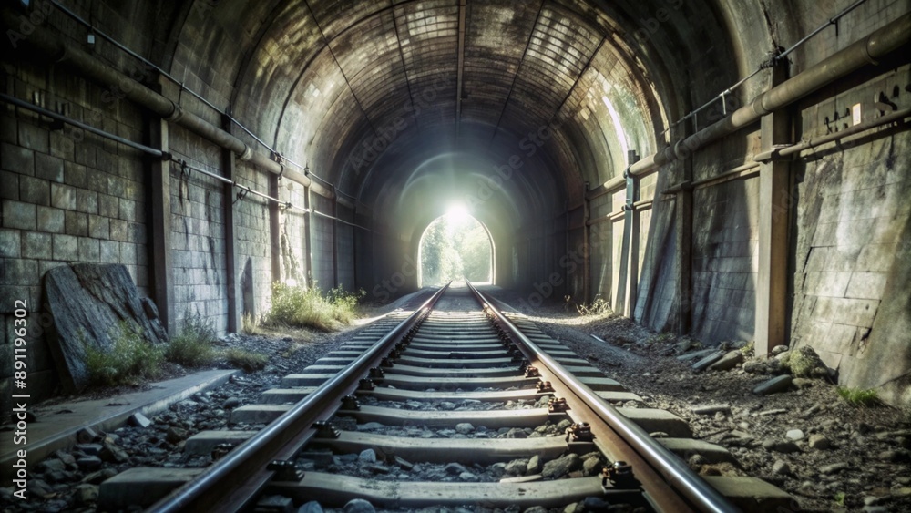 Abandoned railway tunnel with rusted tracks disappearing into darkness, light filtering through the entrance creating a haunting atmosphere. Abandoned railway tunnel with rusted tracks disappearing into darkness, light filtering through the entrance creating a haunting atmosphere.