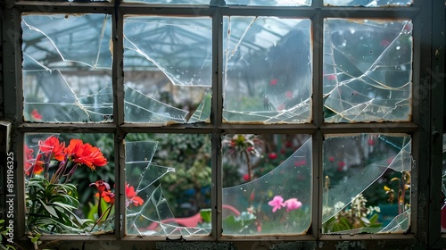 Broken Greenhouse Window: A broken glass pane in a greenhouse, with plants and flowers visible through the cracks.
