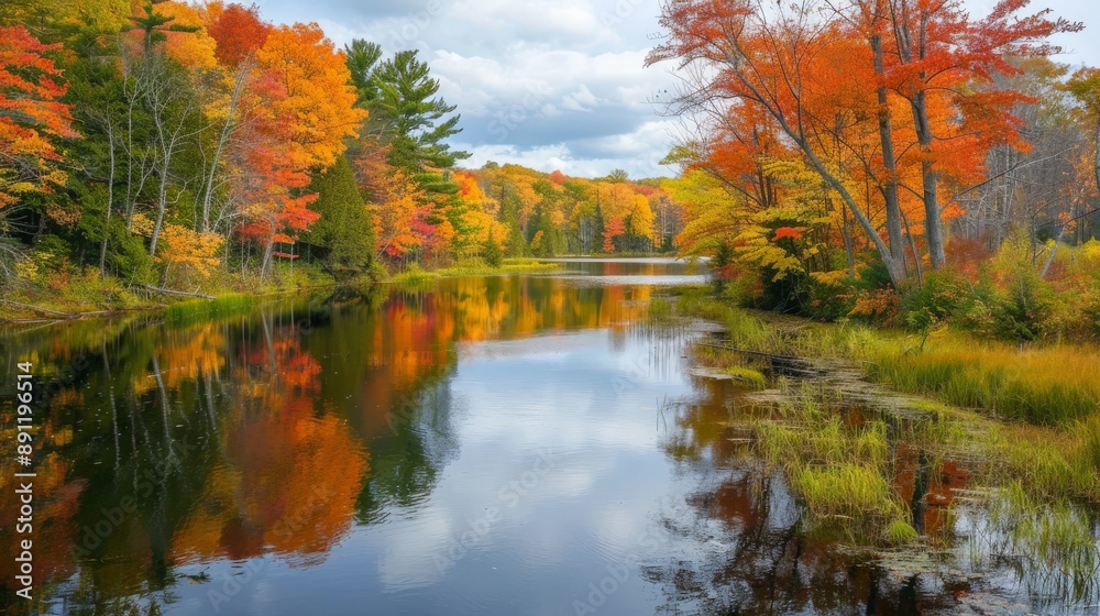 Trees along a river with autumn foliage reflected in the water Trees along a river with autumn foliage reflected in the water