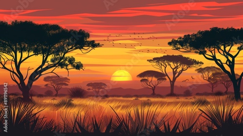 Illustration expansive savannah landscape with acacia trees, tall golden grasses, and a striking orange and red sunset
