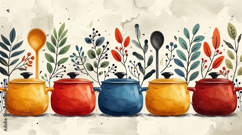 vector, illustration, flat, Cooking pots vector seamless pattern in doodle style, isolated on white background, kitchen cookware hand drawn illustration with soup pots, spoons, spices vector, illustration, flat, Cooking pots vector seamless pattern in doodle style, isolated on white background, kitchen cookware hand drawn illustration with soup pots, spoons, spices