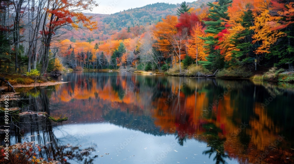Fototapeta premium Trees along a river with autumn foliage reflected in the water