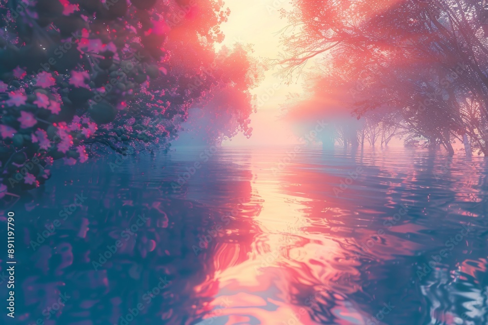 Sunlit River Through a Mist-Shrouded Forest Sunlit River Through a Mist-Shrouded Forest