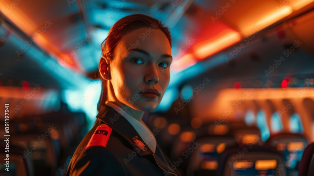 Flight attendant in uniform with calm expression in airplane aisle with dramatic orange and blue lighting, emphasizing safety and professional service. Flight attendant in uniform with calm expression in airplane aisle with dramatic orange and blue lighting, emphasizing safety and professional service.