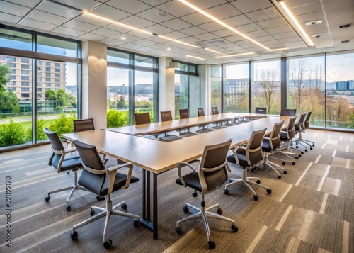 Empty modern conference room with sleek tables and chairs, awaiting participants, flooded with natural light, perfect for corporate event, workshop, or training session.