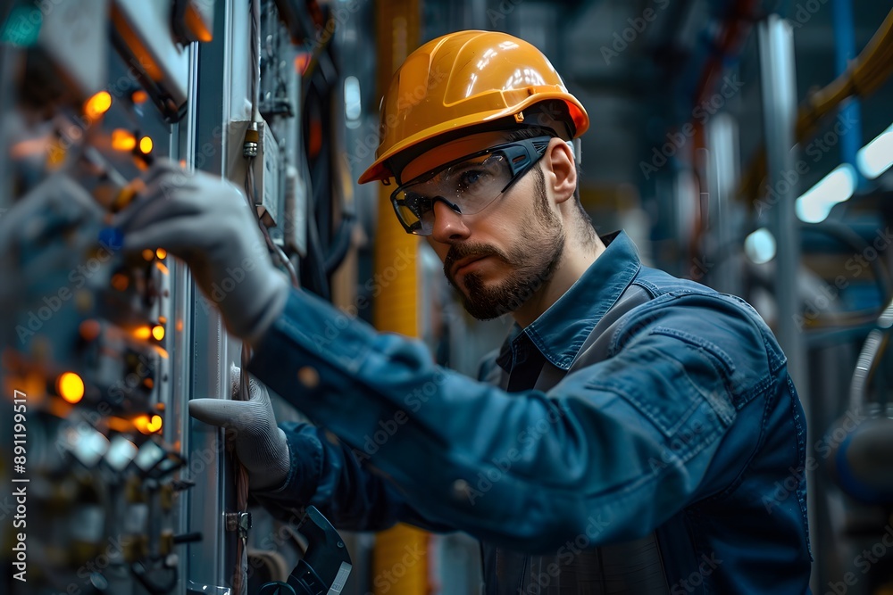 Focused Engineer Working on Electrical Panel in Industrial Setting Focused Engineer Working on Electrical Panel in Industrial Setting