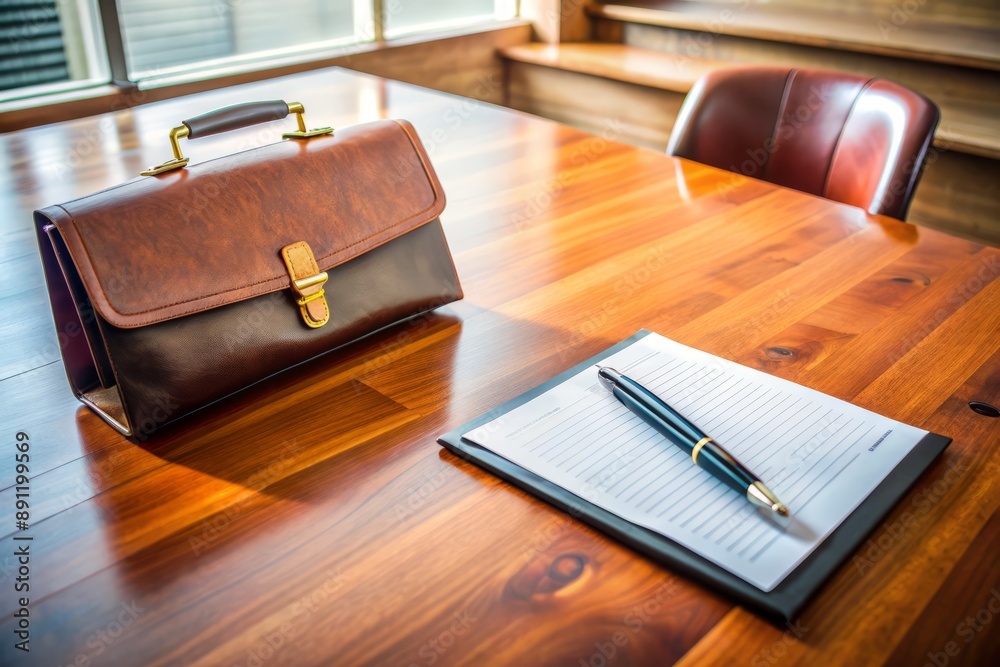 A polished wooden table bears a neatly arranged contract, pen, and briefcase, amidst a clutter-free professional setting, evoking a sense of successful business negotiation. A polished wooden table bears a neatly arranged contract, pen, and briefcase, amidst a clutter-free professional setting, evoking a sense of successful business negotiation.