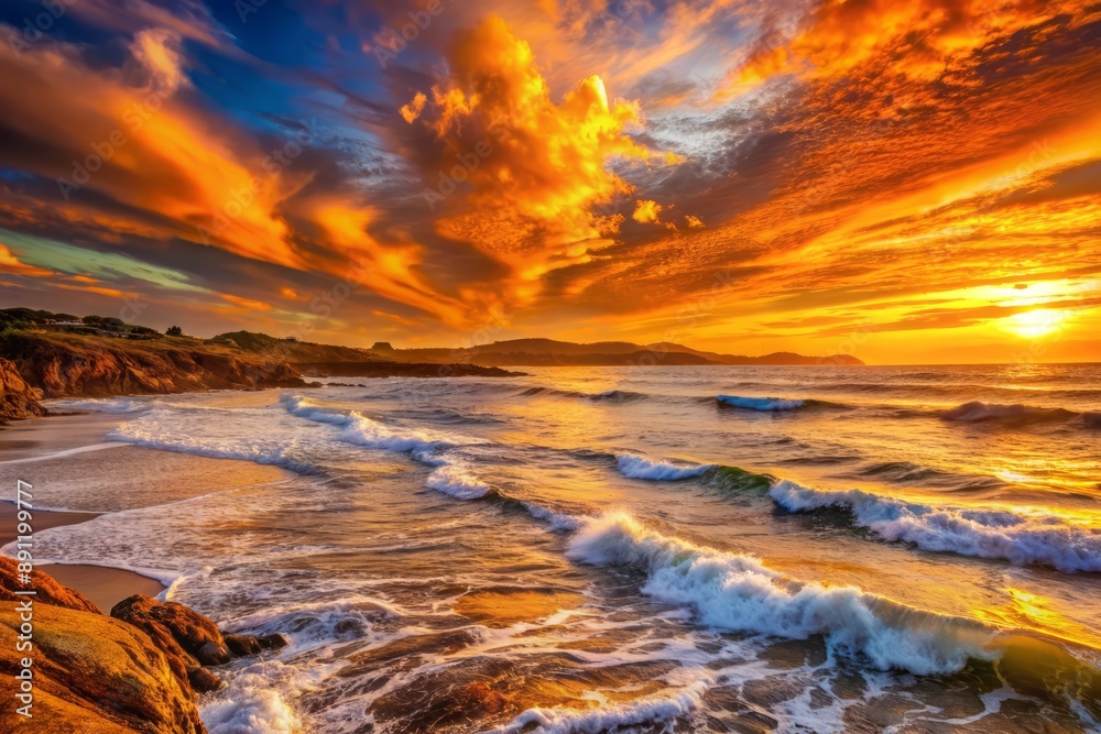 Vibrant orange hues dance across the serene sky as warm light casts a golden glow on the waves and rugged coastal landscape at dusk. Vibrant orange hues dance across the serene sky as warm light casts a golden glow on the waves and rugged coastal landscape at dusk.