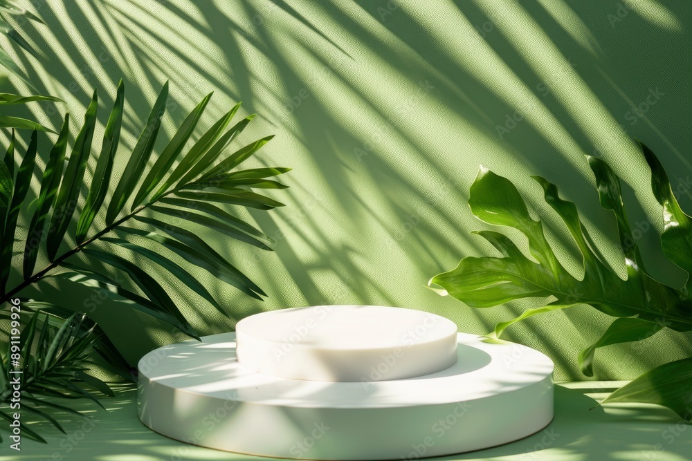 White round template podium mockup natural organic cosmetic product presentation ad on green eco forest fresh leaves nature flat lay background, trendy stylish minimalist flatlay - generative ai White round template podium mockup natural organic cosmetic product presentation ad on green eco forest fresh leaves nature flat lay background, trendy stylish minimalist flatlay - generative ai