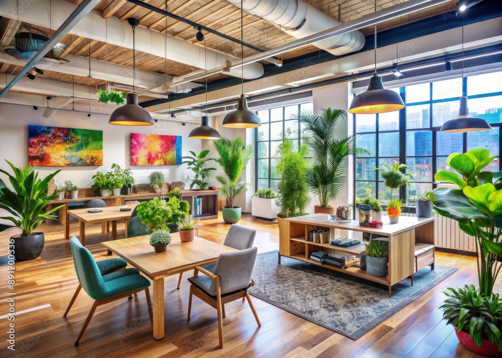Vibrant open-space office with diverse art pieces, plants, and eclectic decor, conveying a culture of innovation, transparency, and inclusive collaboration. Vibrant open-space office with diverse art pieces, plants, and eclectic decor, conveying a culture of innovation, transparency, and inclusive collaboration.