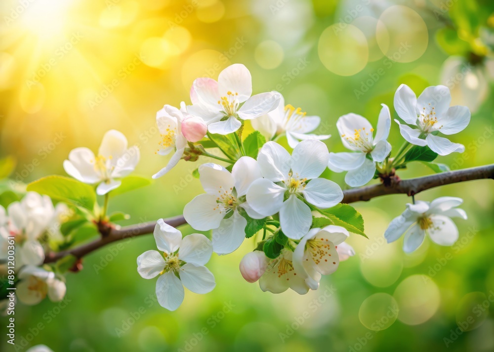 Vibrant white flowers bloom on a delicate apple tree branch against a soft green bokeh background, evoking spring's freshness and renewal in a serene garden setting. Vibrant white flowers bloom on a delicate apple tree branch against a soft green bokeh background, evoking spring's freshness and renewal in a serene garden setting.