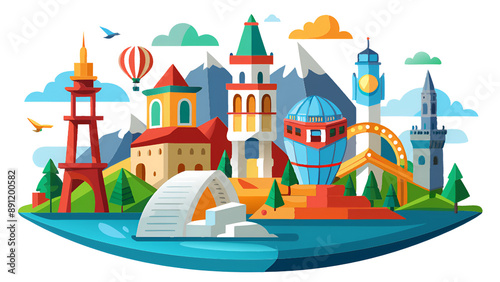 colorful flat design illustration of famous landmark and travel attractions