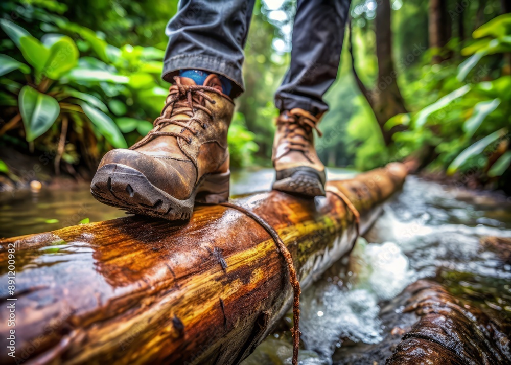 Muddy trekking shoes grip a slippery log in a rain-soaked jungle, conveying a sense of adventure and challenge on a rugged terrain obstacle. Muddy trekking shoes grip a slippery log in a rain-soaked jungle, conveying a sense of adventure and challenge on a rugged terrain obstacle.