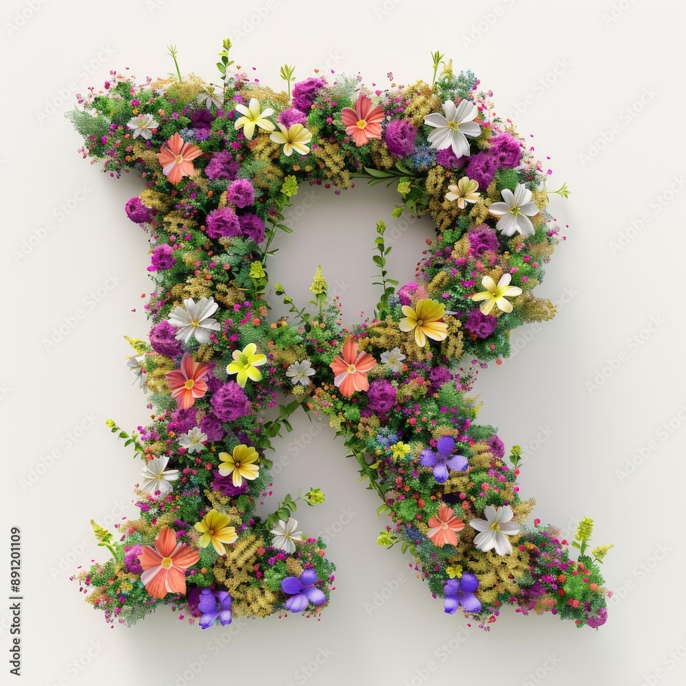 Elegant shot of text Letters ‘R’ crafted in flowers on a clean. A beautiful flower arrangement forming the letter 'R'. Elegant shot of text Letters ‘R’ crafted in flowers on a clean. A beautiful flower arrangement forming the letter 'R'.