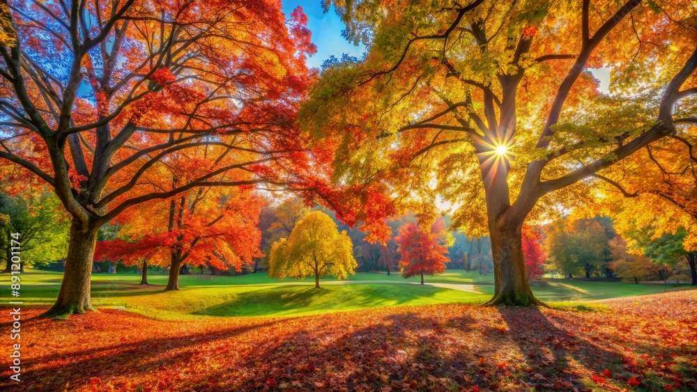 Naklejka premium Vibrant autumn landscape in a serene park with stunning colorful foliage and gentle falling leaves, surrounded by majestic trees, perfect nature background.